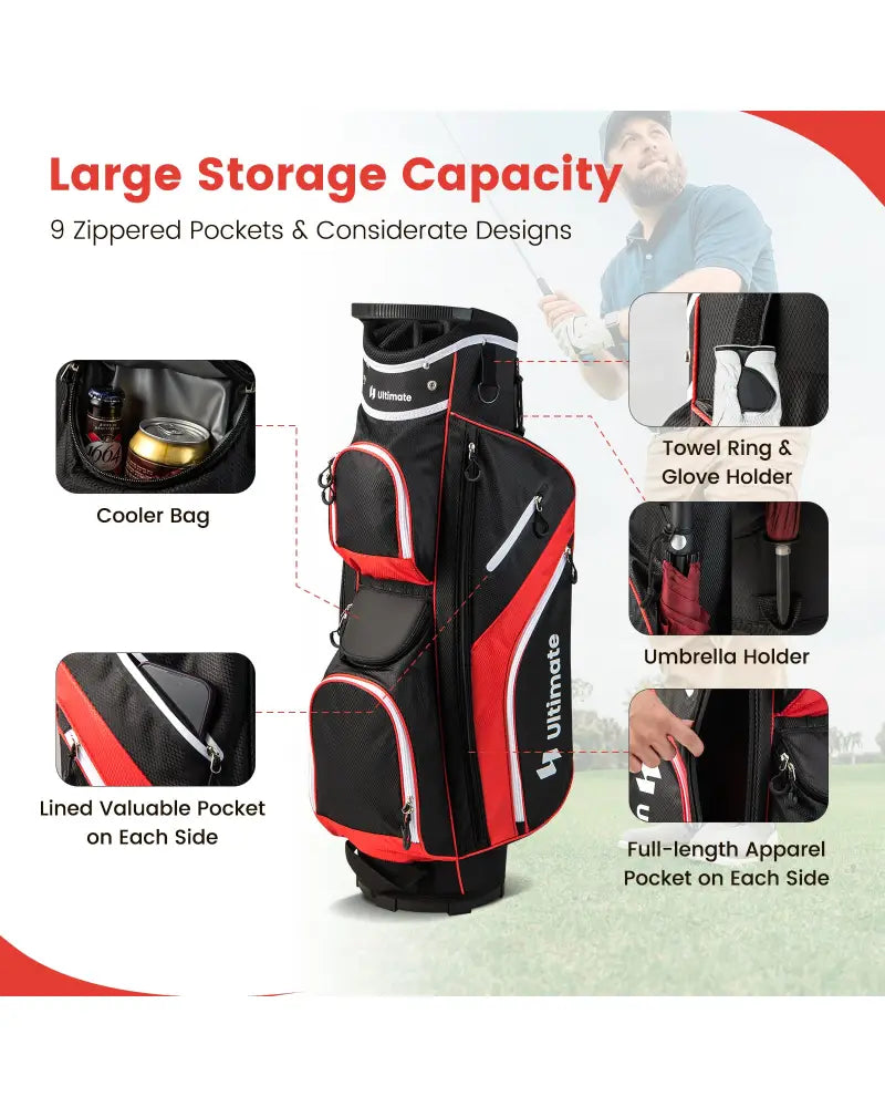 Golf Cart Bag with 14 Way Top Dividers-Red - Red - Golf