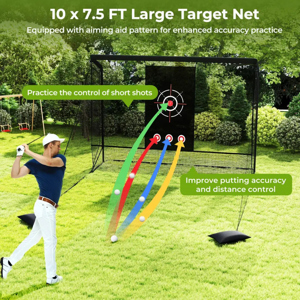 Golf Practice Hitting Net Golf Cage with Dual Side Barriers Target Cloth Metal Frame - Golf