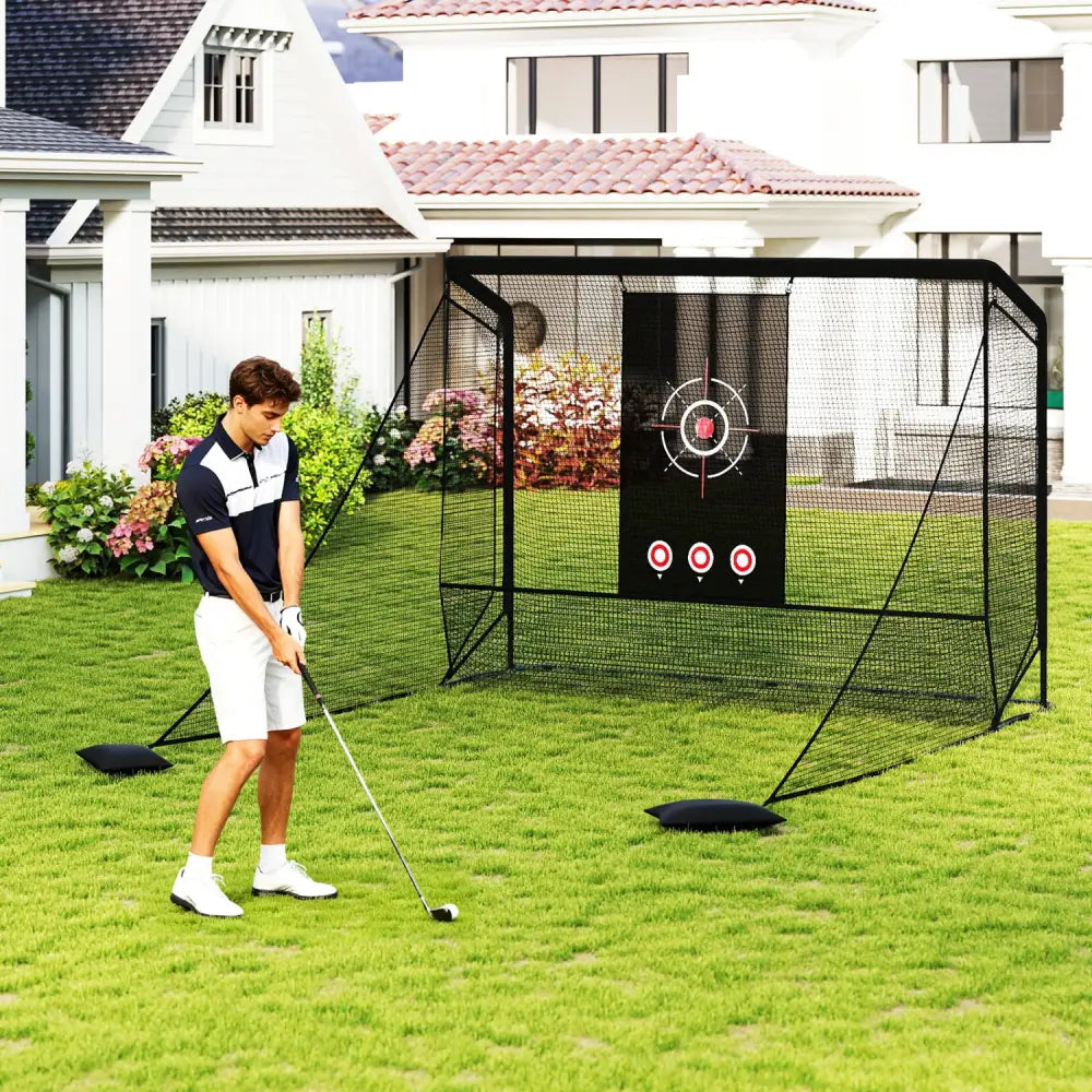 Golf Practice Hitting Net Golf Cage with Dual Side Barriers Target Cloth Metal Frame - Golf