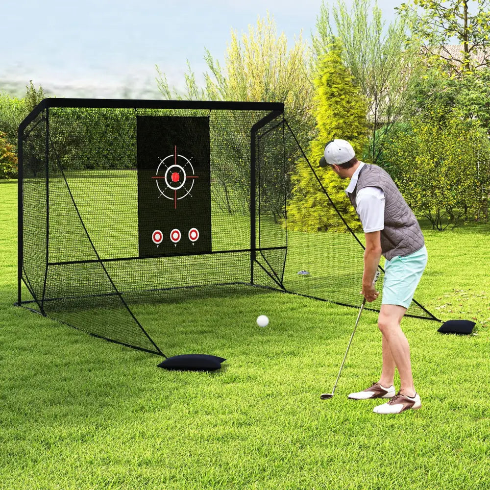 Golf Practice Hitting Net Golf Cage with Dual Side Barriers Target Cloth Metal Frame - Golf
