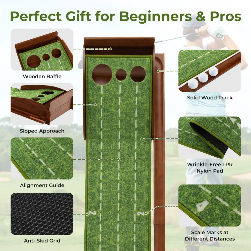 Golf Putting Mat Practice Training Aid with Auto Ball Return and 3 Hole Sizes - Green - Golf