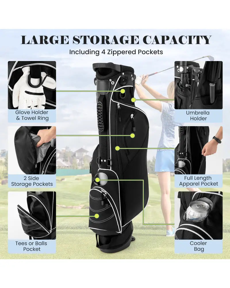 Golf Stand Cart Bag with 4 Way Divider Carry Organizer Pockets-Black - Black - Golf