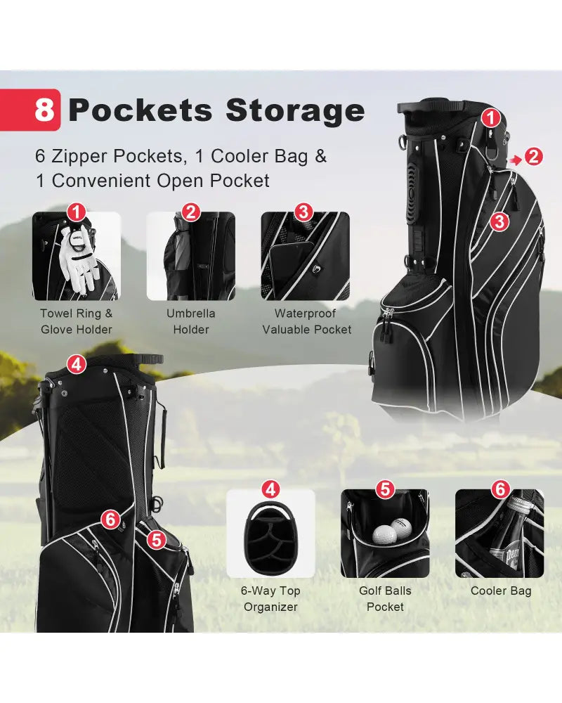 Golf Stand Cart Bag with 6-Way Divider Carry Pockets-Black - Black - Golf