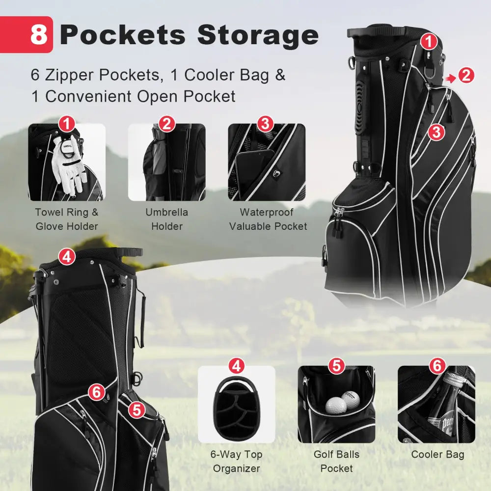 Golf Stand Cart Bag with 6-Way Divider Carry Pockets-Black - Black - Golf