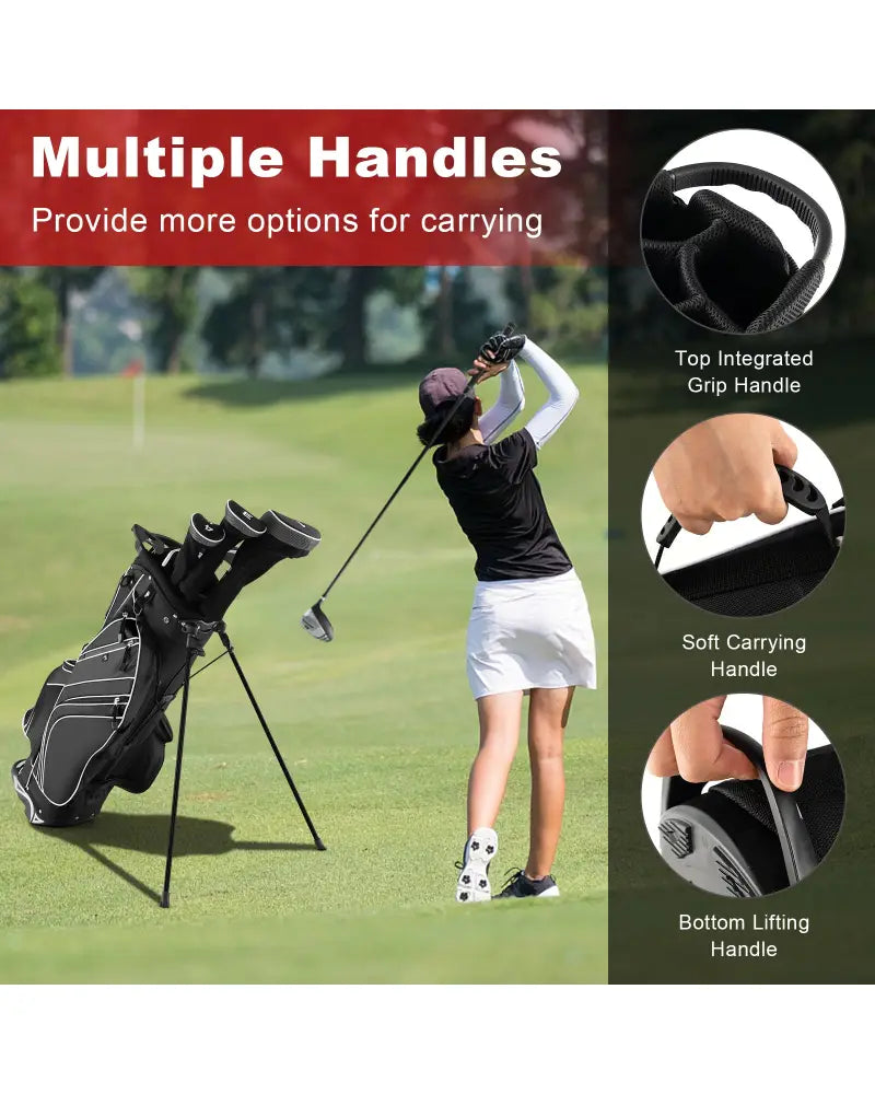 Golf Stand Cart Bag with 6-Way Divider Carry Pockets-Black - Black - Golf