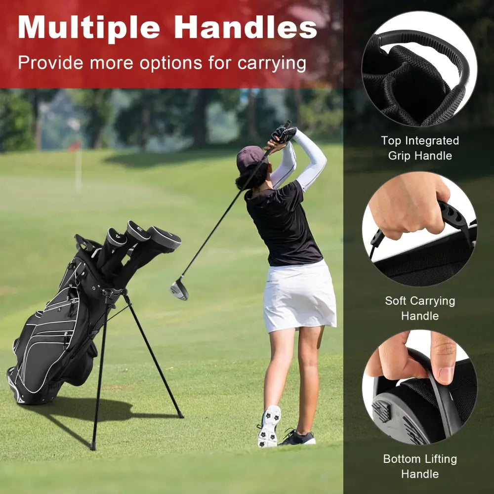 Golf Stand Cart Bag with 6-Way Divider Carry Pockets-Black - Black - Golf