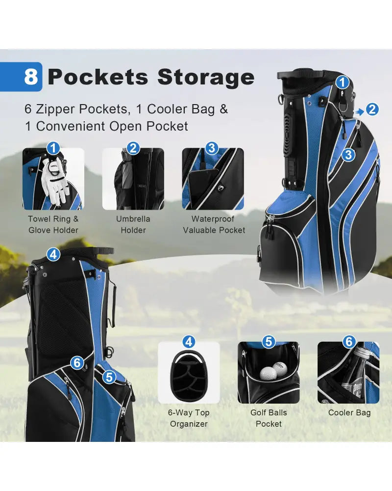 Golf Stand Cart Bag with 6-Way Divider Carry Pockets-Blue - Blue - Golf