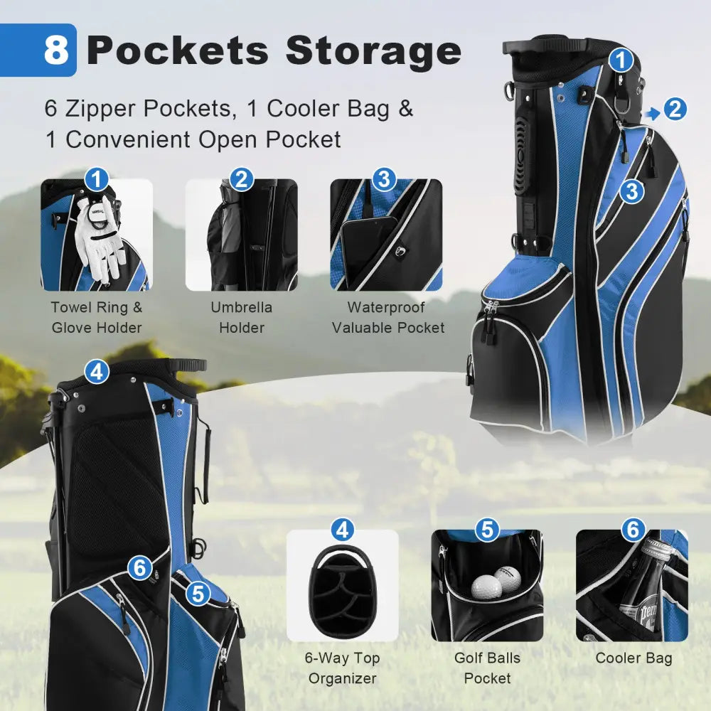 Golf Stand Cart Bag with 6-Way Divider Carry Pockets-Blue - Blue - Golf