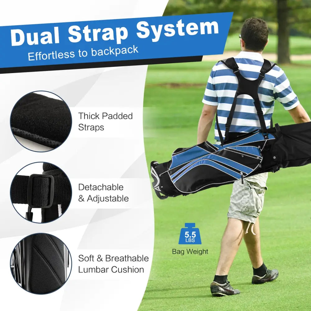 Golf Stand Cart Bag with 6-Way Divider Carry Pockets-Blue - Blue - Golf