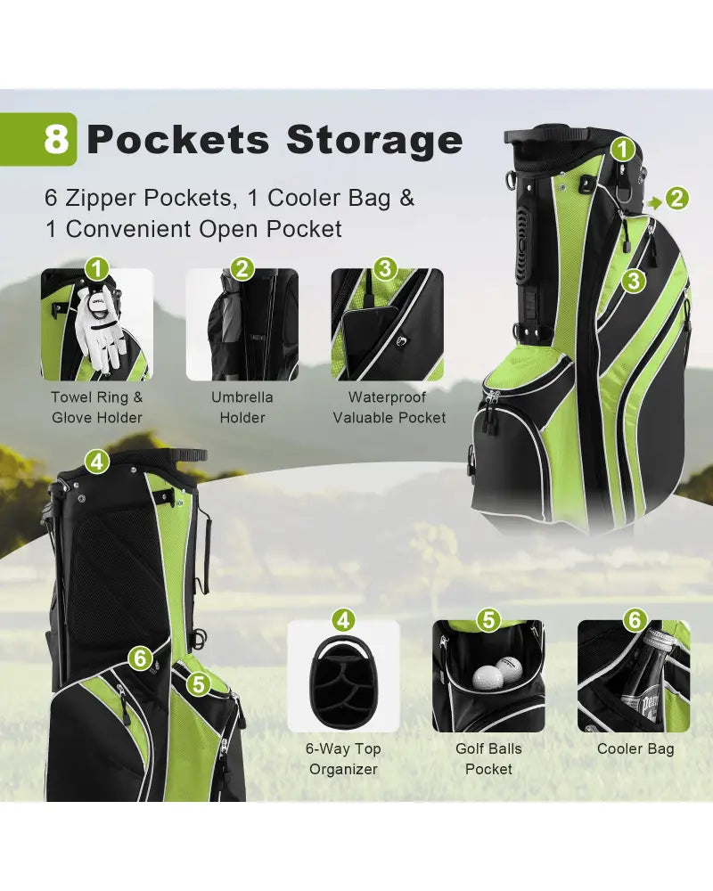 Golf Stand Cart Bag with 6 Way Divider Carry Pockets-Green - Green - Golf