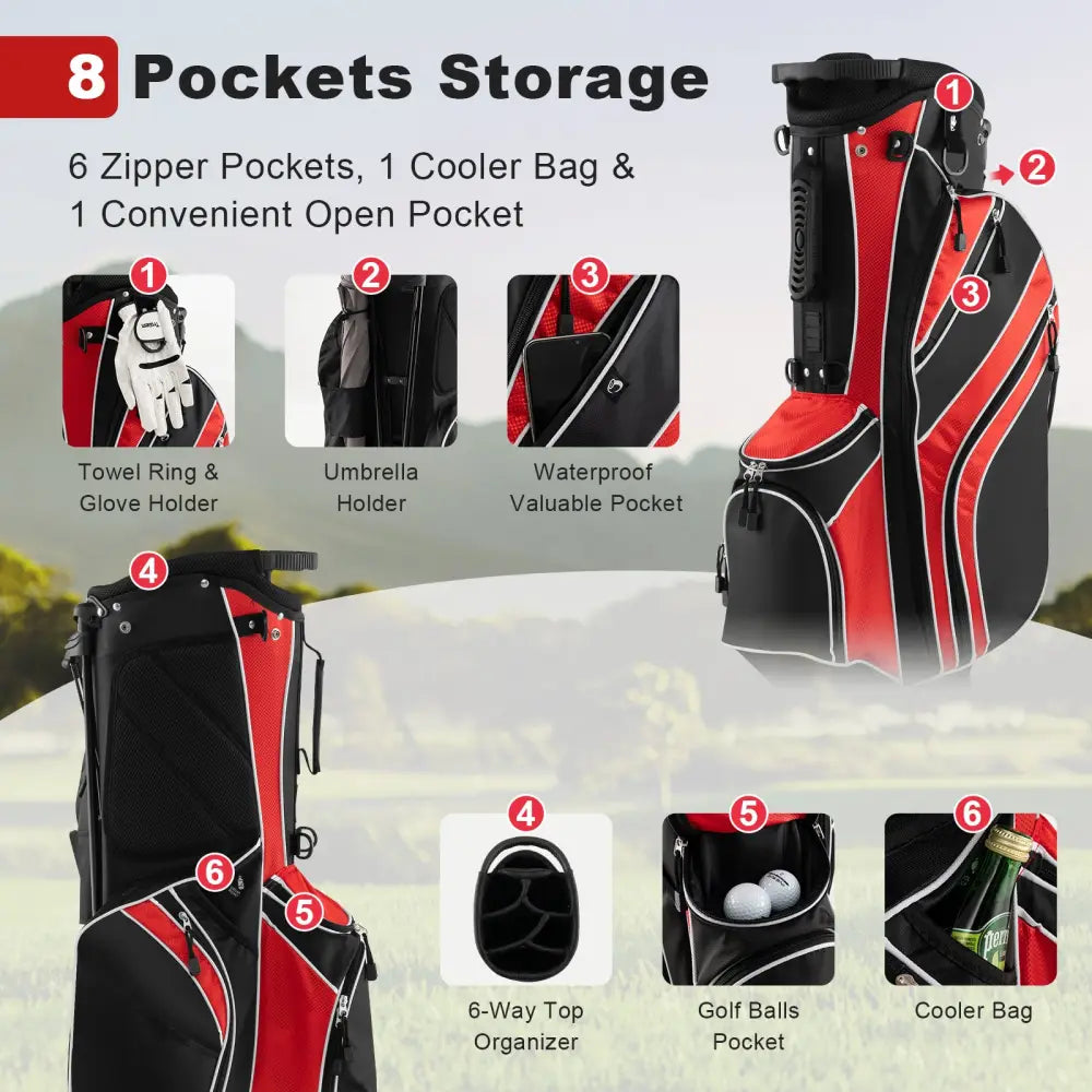 Golf Stand Cart Bag with 6 Way Divider Carry Pockets-Red - Red - Golf