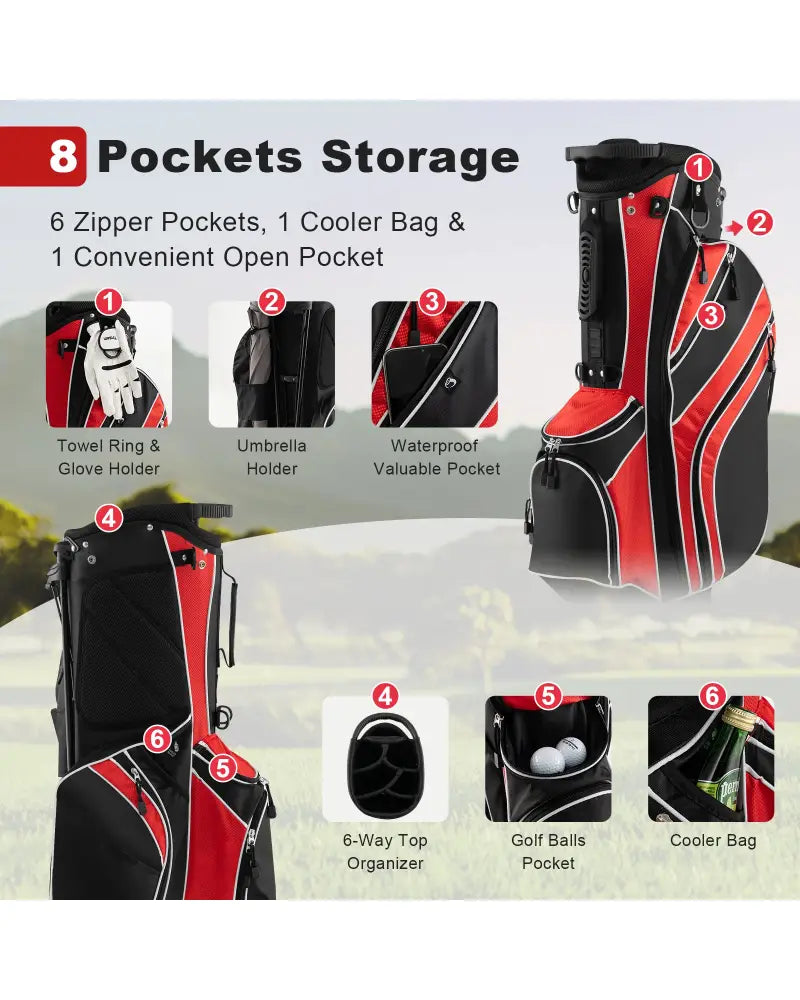 Golf Stand Cart Bag with 6 Way Divider Carry Pockets-Red - Red - Golf
