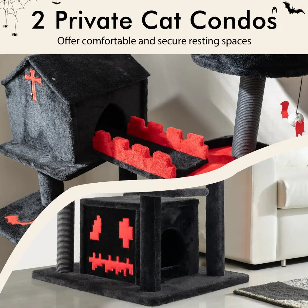 Gothic Cat Tree 49 Inch Tall Cat Tower 6-Tier Cat Activity Center with Coffin Bed-Black - Black - Cat Trees Condos &