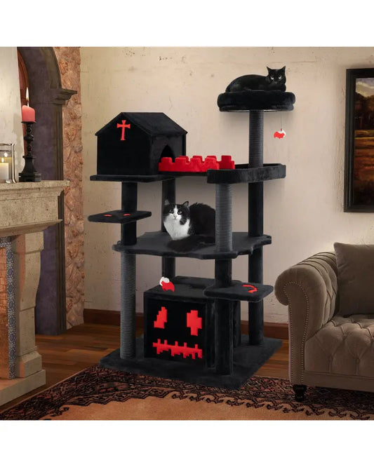 Gothic Cat Tree 49 Inch Tall Cat Tower 6-Tier Cat Activity Center with Coffin Bed-Black - Black - Cat Trees Condos &