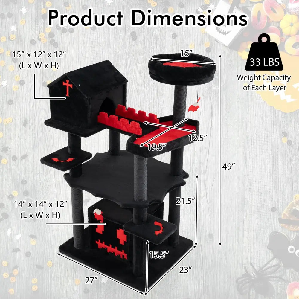 Gothic Cat Tree 49 Inch Tall Cat Tower 6-Tier Cat Activity Center with Coffin Bed-Black - Black - Cat Trees Condos &