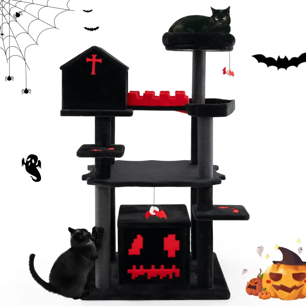Gothic Cat Tree 49 Inch Tall Cat Tower 6-Tier Cat Activity Center with Coffin Bed-Black - Black - Cat Trees Condos &