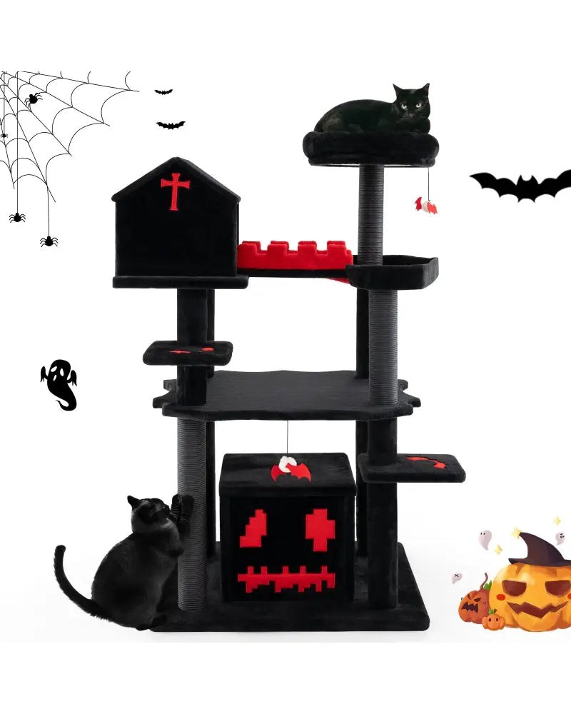 Gothic Cat Tree 49 Inch Tall Cat Tower 6-Tier Cat Activity Center with Coffin Bed-Black - Black - Cat Trees Condos &
