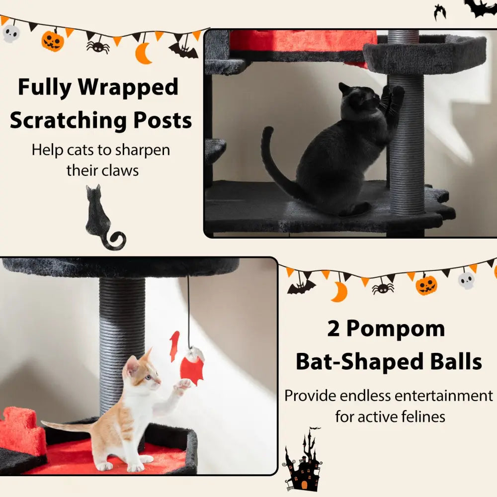 Gothic Cat Tree 49 Inch Tall Cat Tower 6-Tier Cat Activity Center with Coffin Bed-Black - Black - Cat Trees Condos &