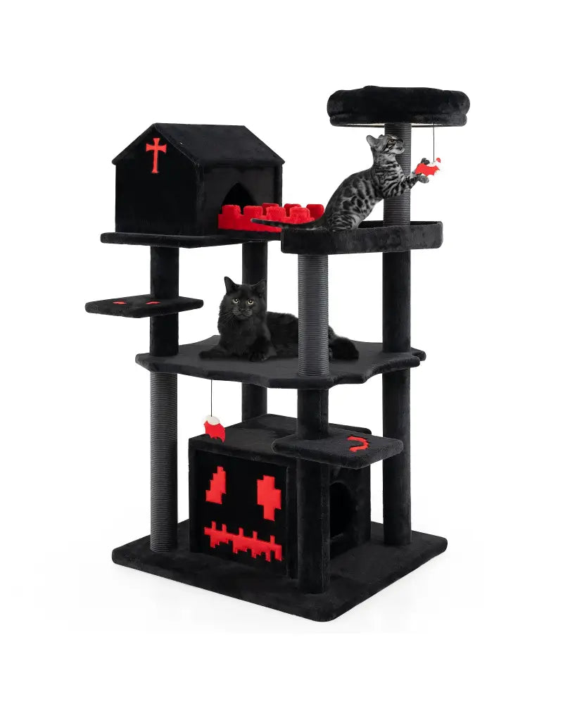 Gothic Cat Tree 49 Inch Tall Cat Tower 6-Tier Cat Activity Center with Coffin Bed-Black - Black - Cat Trees Condos &