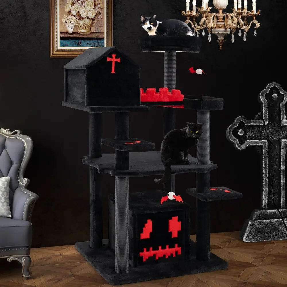 Gothic Cat Tree 49 Inch Tall Cat Tower 6-Tier Cat Activity Center with Coffin Bed-Black - Black - Cat Trees Condos &