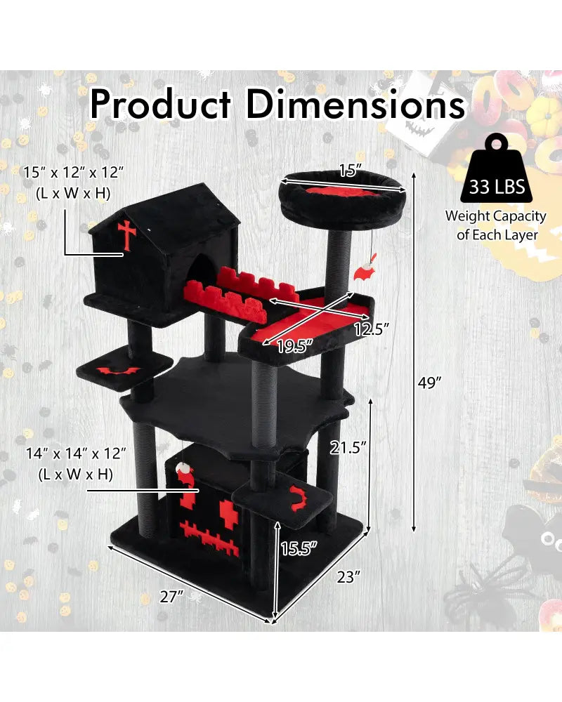Gothic Cat Tree 49 Inch Tall Cat Tower 6-Tier Cat Activity Center with Coffin Bed-Black - Black - Cat Trees Condos &
