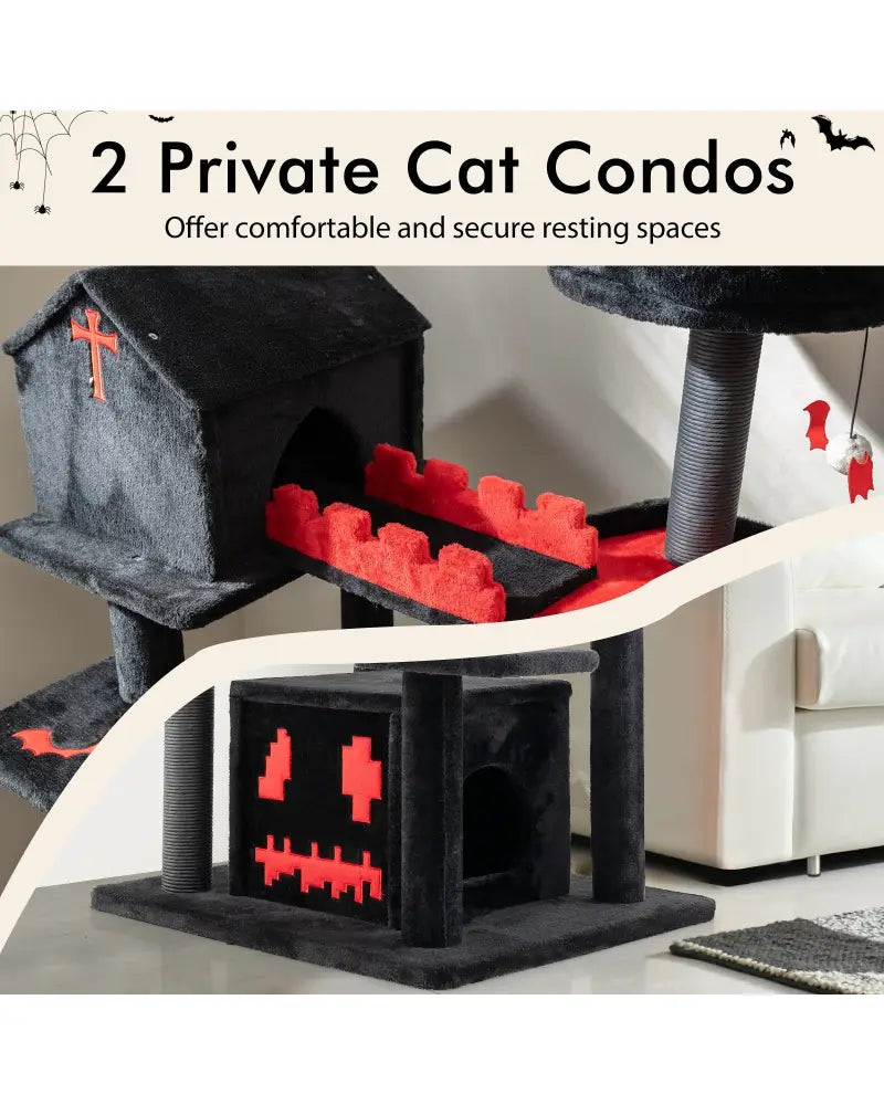 Gothic Cat Tree 49 Inch Tall Cat Tower 6-Tier Cat Activity Center with Coffin Bed-Black - Black - Cat Trees Condos &