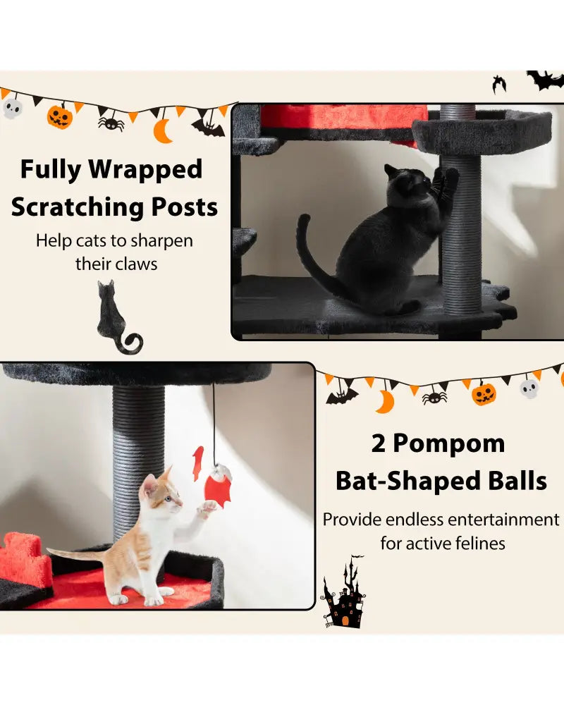 Gothic Cat Tree 49 Inch Tall Cat Tower 6-Tier Cat Activity Center with Coffin Bed-Black - Black - Cat Trees Condos &