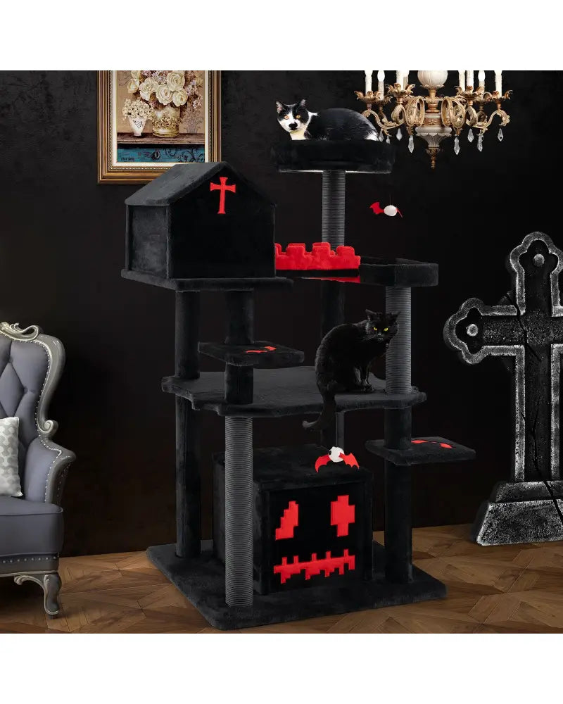 Gothic Cat Tree 49 Inch Tall Cat Tower 6-Tier Cat Activity Center with Coffin Bed-Black - Black - Cat Trees Condos &