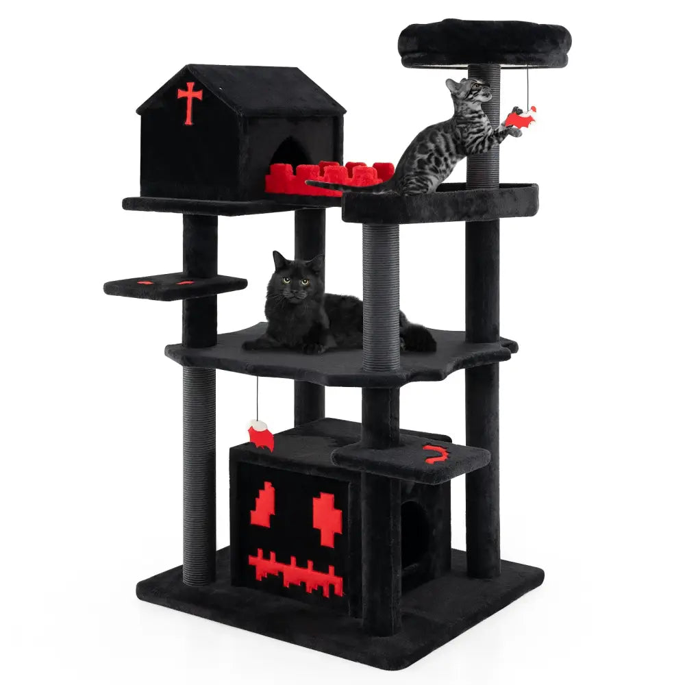 Gothic Cat Tree 49 Inch Tall Cat Tower 6-Tier Cat Activity Center with Coffin Bed-Black - Black - Cat Trees Condos &