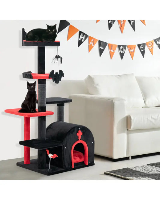 Gothic Cat Tree 53 Inch Tall Cat Tower with Cat Bed and Arch-Shaped Condo-Black - Black - Cat Trees Condos & Scratchers