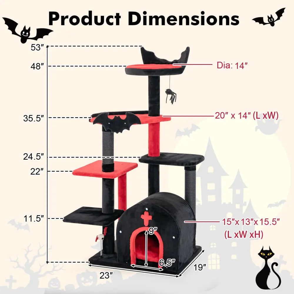 Gothic Cat Tree 53 Inch Tall Cat Tower with Cat Bed and Arch-Shaped Condo-Black - Black - Cat Trees Condos & Scratchers