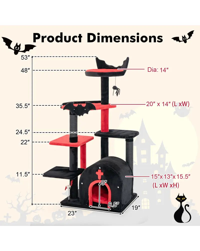 Gothic Cat Tree 53 Inch Tall Cat Tower with Cat Bed and Arch-Shaped Condo-Black - Black - Cat Trees Condos & Scratchers
