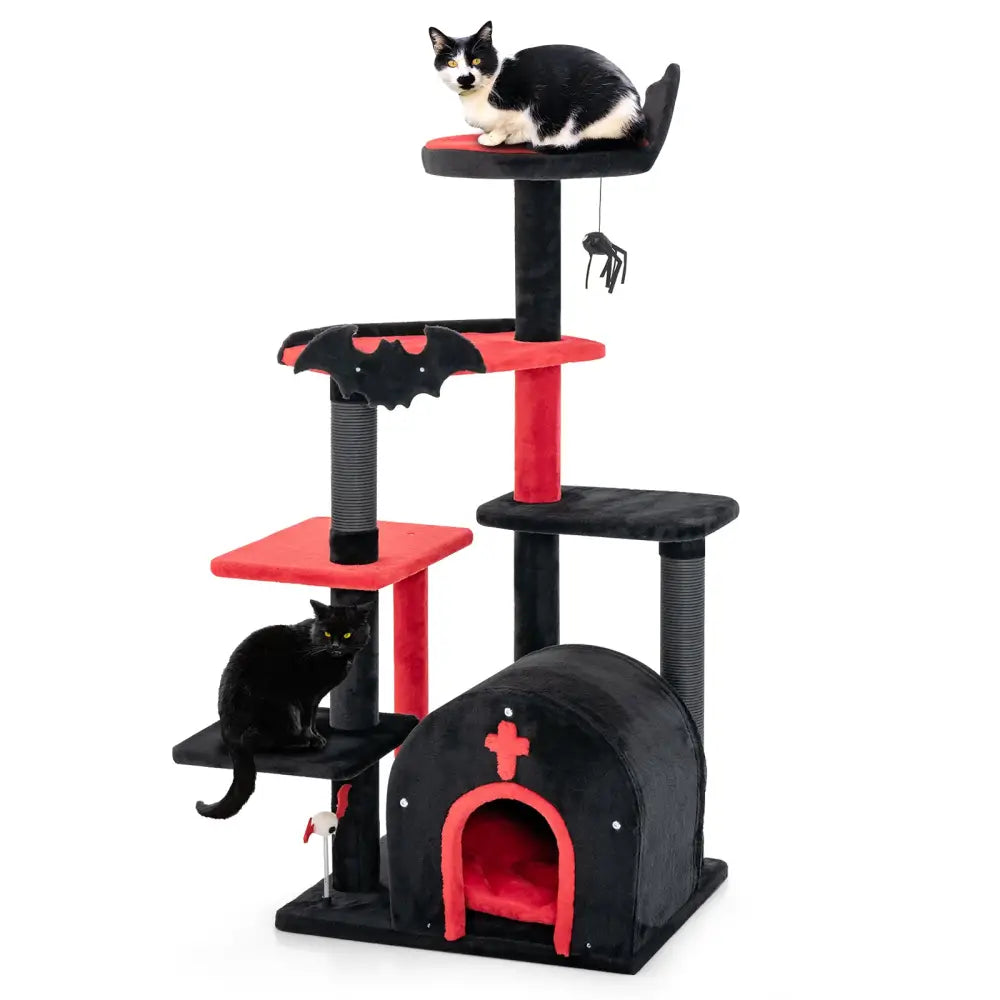 Gothic Cat Tree 53 Inch Tall Cat Tower with Cat Bed and Arch-Shaped Condo-Black - Black - Cat Trees Condos & Scratchers