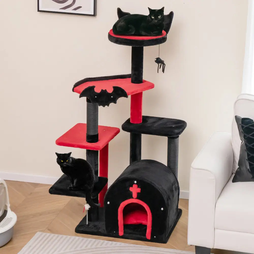 Gothic Cat Tree 53 Inch Tall Cat Tower with Cat Bed and Arch-Shaped Condo-Black - Black - Cat Trees Condos & Scratchers