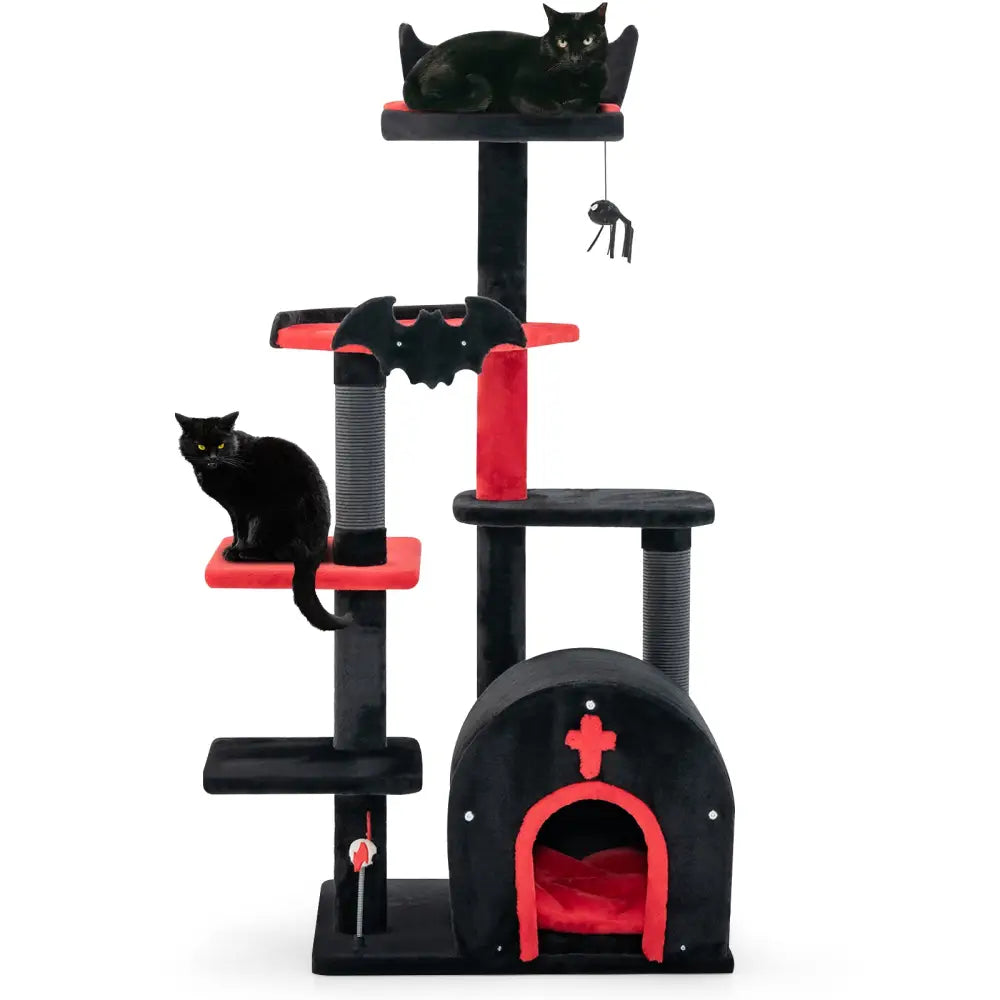 Gothic Cat Tree 53 Inch Tall Cat Tower with Cat Bed and Arch-Shaped Condo-Black - Black - Cat Trees Condos & Scratchers