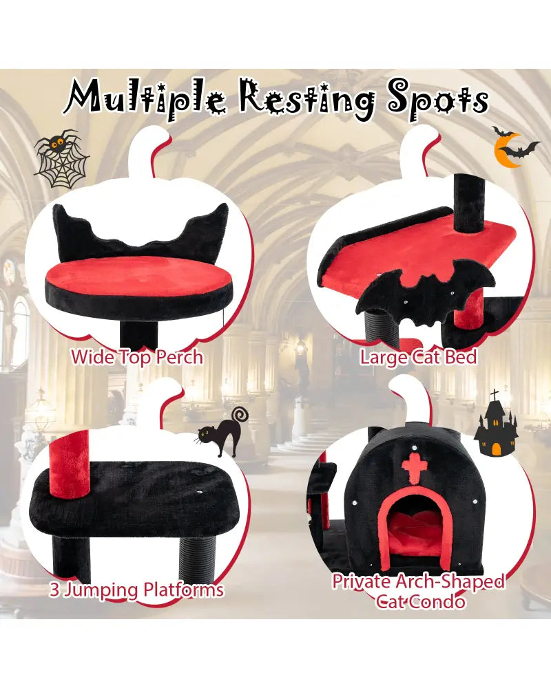 Gothic Cat Tree 53 Inch Tall Cat Tower with Cat Bed and Arch-Shaped Condo-Black - Black - Cat Trees Condos & Scratchers