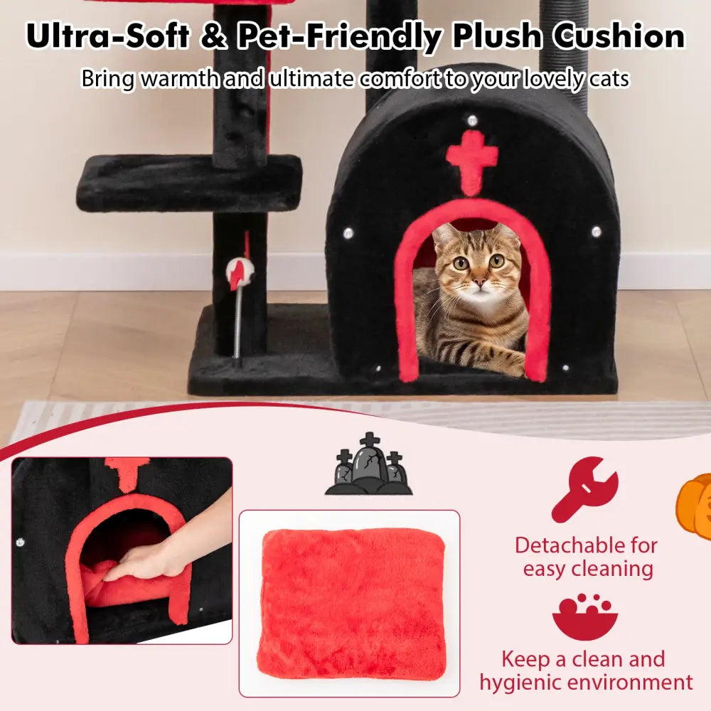Gothic Cat Tree 53 Inch Tall Cat Tower with Cat Bed and Arch-Shaped Condo-Black - Black - Cat Trees Condos & Scratchers