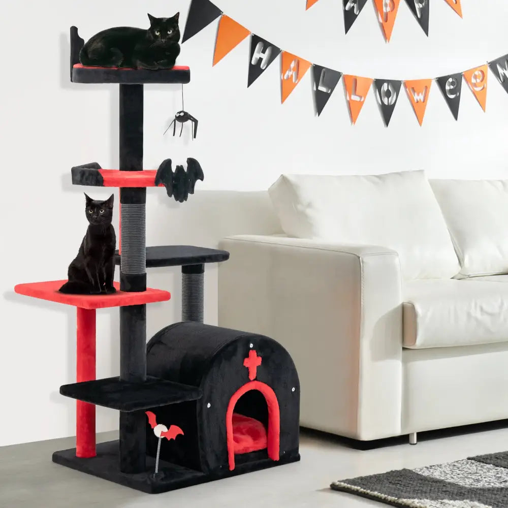 Gothic Cat Tree 53 Inch Tall Cat Tower with Cat Bed and Arch-Shaped Condo-Black - Black - Cat Trees Condos & Scratchers