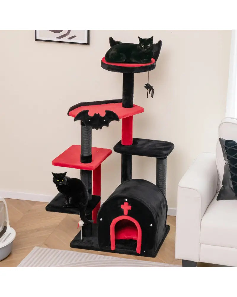 Gothic Cat Tree 53 Inch Tall Cat Tower with Cat Bed and Arch-Shaped Condo-Black - Black - Cat Trees Condos & Scratchers