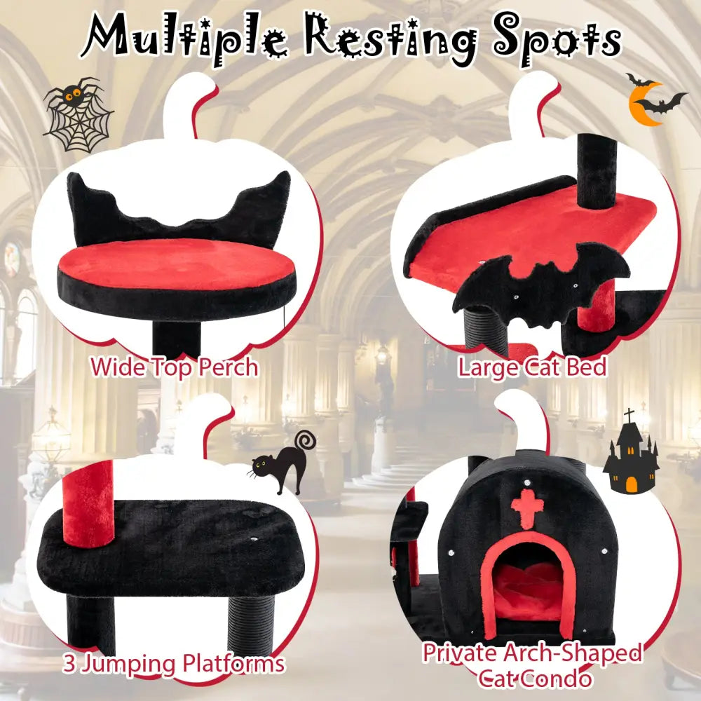 Gothic Cat Tree 53 Inch Tall Cat Tower with Cat Bed and Arch-Shaped Condo-Black - Black - Cat Trees Condos & Scratchers