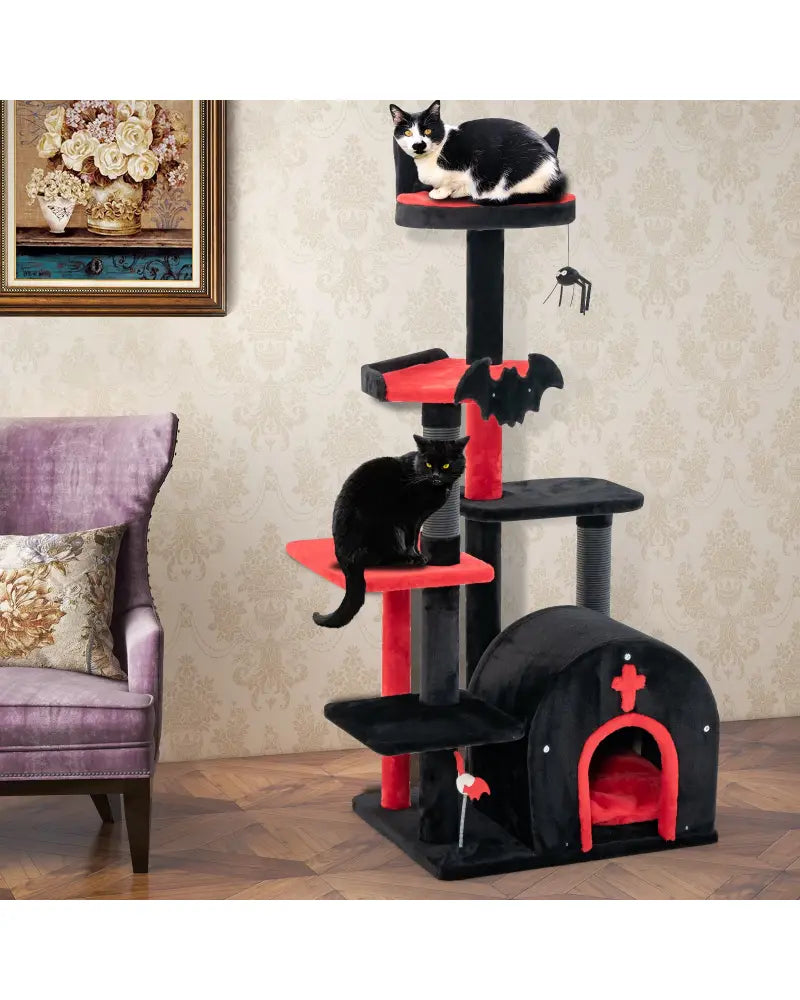 Gothic Cat Tree 53 Inch Tall Cat Tower with Cat Bed and Arch-Shaped Condo-Black - Black - Cat Trees Condos & Scratchers