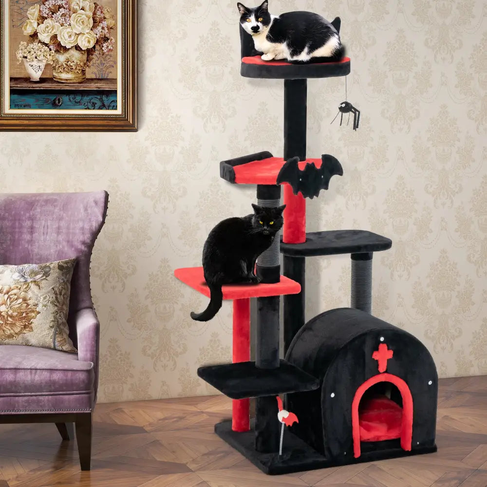Gothic Cat Tree 53 Inch Tall Cat Tower with Cat Bed and Arch-Shaped Condo-Black - Black - Cat Trees Condos & Scratchers