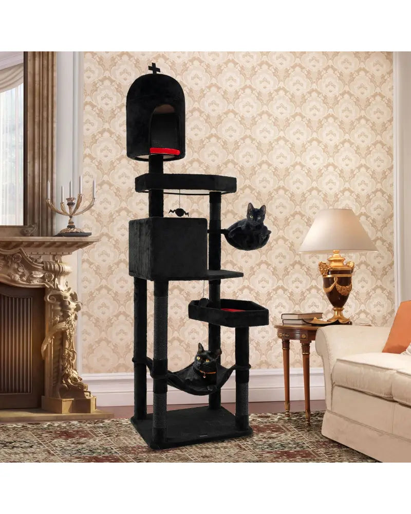 Gothic Cat Tree with 2 Cat Condos and Coffin Bed for Indoor Cats-Black - Black - Cat Trees Condos & Scratchers