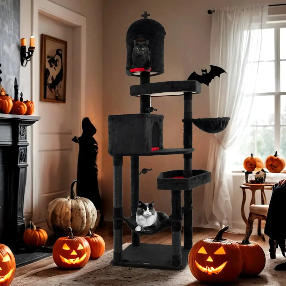 Gothic Cat Tree with 2 Cat Condos and Coffin Bed for Indoor Cats-Black - Black - Cat Trees Condos & Scratchers