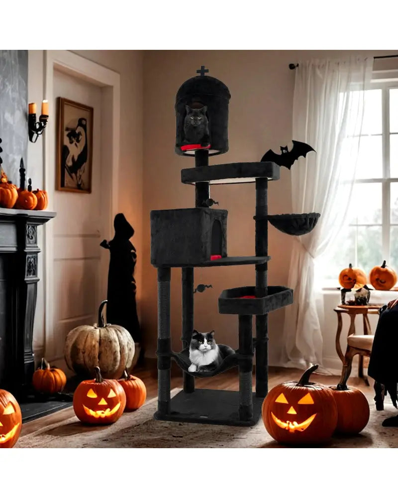 Gothic Cat Tree with 2 Cat Condos and Coffin Bed for Indoor Cats-Black - Black - Cat Trees Condos & Scratchers