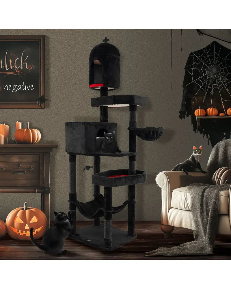 Gothic Cat Tree with 2 Cat Condos and Coffin Bed for Indoor Cats-Black - Black - Cat Trees Condos & Scratchers