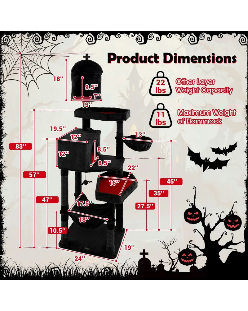 Gothic Cat Tree with 2 Cat Condos and Coffin Bed for Indoor Cats-Black - Black - Cat Trees Condos & Scratchers