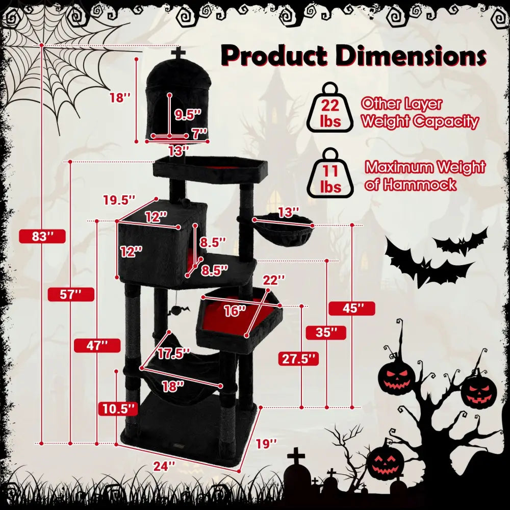 Gothic Cat Tree with 2 Cat Condos and Coffin Bed for Indoor Cats-Black - Black - Cat Trees Condos & Scratchers