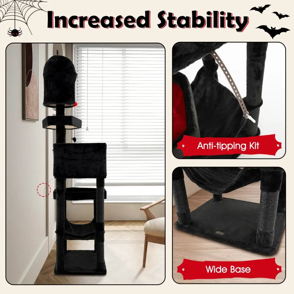 Gothic Cat Tree with 2 Cat Condos and Coffin Bed for Indoor Cats-Black - Black - Cat Trees Condos & Scratchers