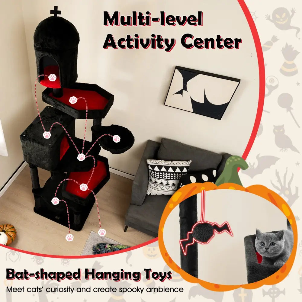 Gothic Cat Tree with 2 Cat Condos and Coffin Bed for Indoor Cats-Black - Black - Cat Trees Condos & Scratchers